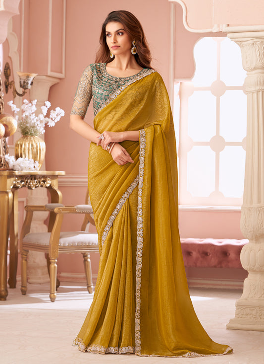 Charming Mustard Embroidered Georgette Party Wear Saree
