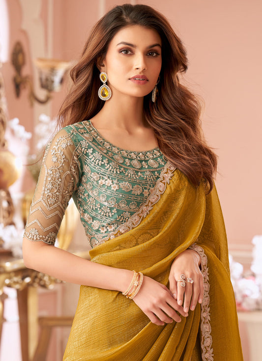 Awesome Mustard Georgette Party Wear Saree with Embroidered Blouse