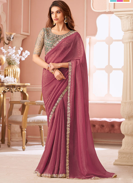 Glamorous Gajari Pink Georgette Party Wear Saree with Embroidered Blouse