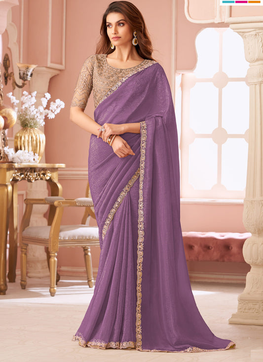 Marvelous Lavender Georgette Party Wear Saree with Embroidered Blouse