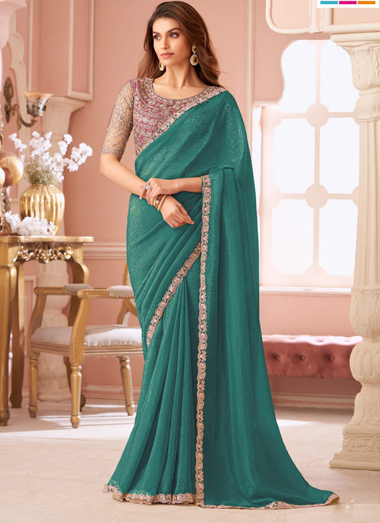 Stunning Rama Green Georgette Party Wear Saree with Embroidered Blouse
