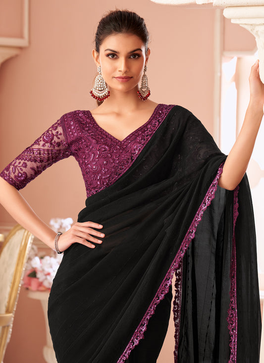 Attractive Black Embroidered Georgette Party Wear Saree