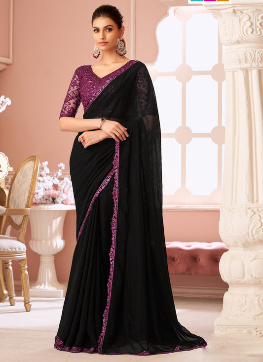 Attractive Black Embroidered Georgette Party Wear Saree