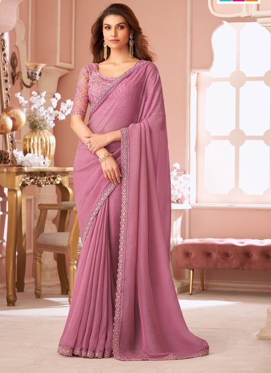 Delicate Puce Pink Embroidered Georgette Party Wear Saree