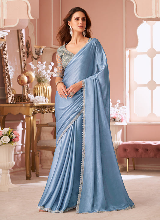 Sweet Cornflower Blue Embroidered Chiffon Party Wear Saree