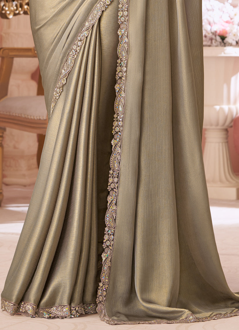 Adorable Dusty Beige Embroidered Chiffon Party Wear Saree