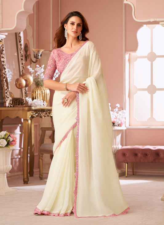 Alluring Off White Embroidered Georgette Party Wear Saree