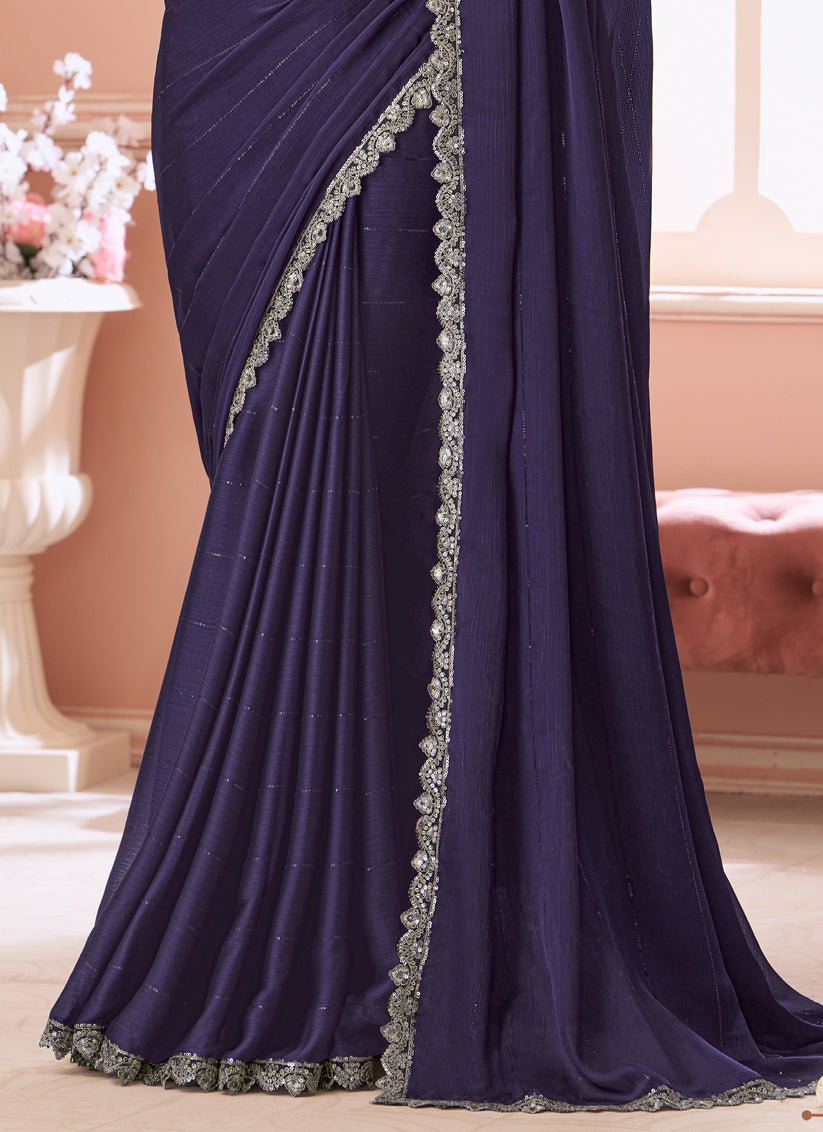 Captivating Eggplant Embroidered Satin Party Wear Saree