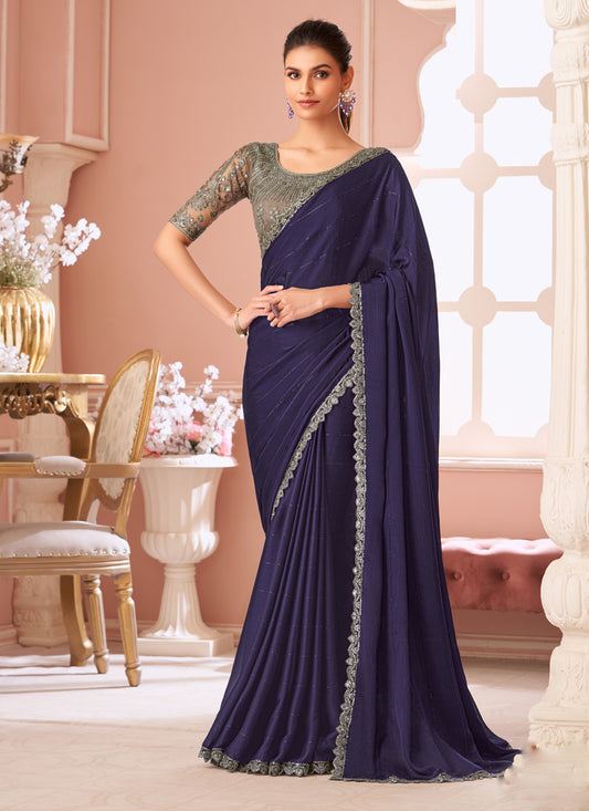 Captivating Eggplant Embroidered Satin Party Wear Saree