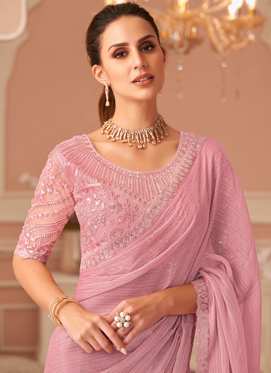 Mesmerizing Coral Pink Embroidered Georgette Party Wear Saree