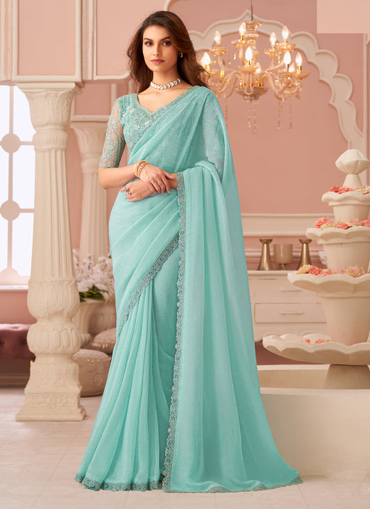 Fascinating Aquamint Embroidered Georgette Party Wear Saree