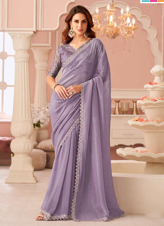 Elegant Mauve Embroidered Georgette Party Wear Saree