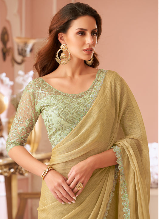 Bewitching Fawn Embroidered Georgette Party Wear Saree