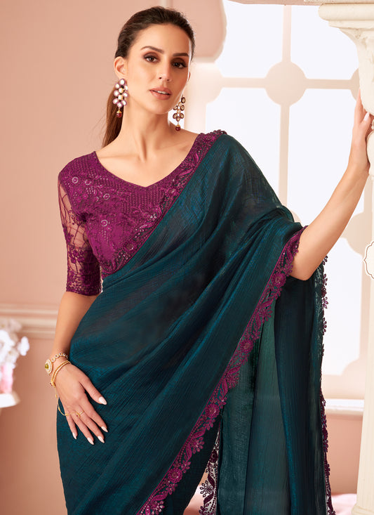 Pretty Peacock Blue Embroidered Georgette Party Wear Saree
