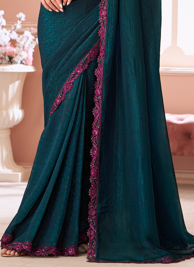 Pretty Peacock Blue Embroidered Georgette Party Wear Saree