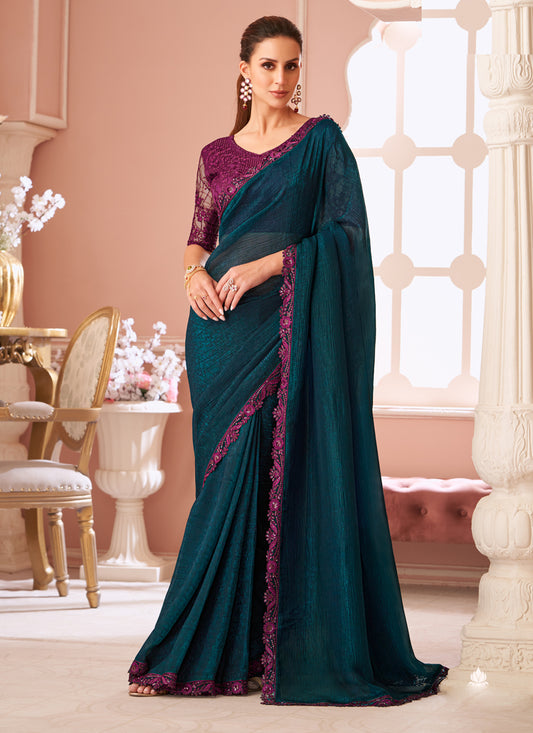 Pretty Peacock Blue Embroidered Georgette Party Wear Saree