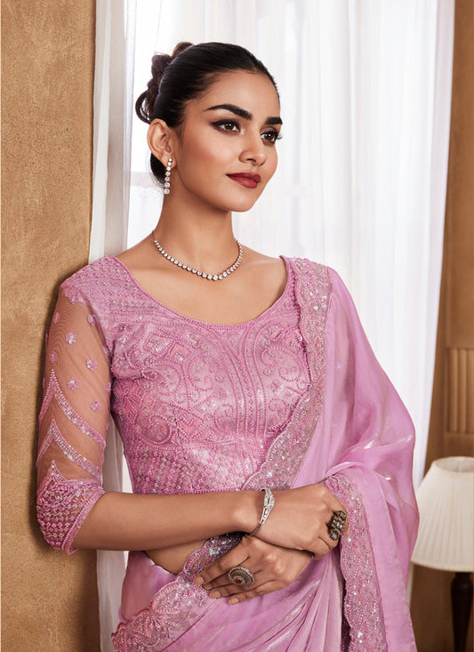 Rose Pink Silk Saree with Embroidered Blouse