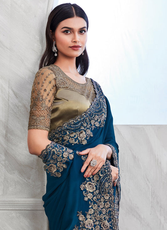 Prussian Blue Silk Designer Saree with Embroidered Blouse