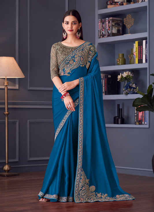 Sleek Peacock Blue Satin Silk Embroidered Designer Wedding Saree