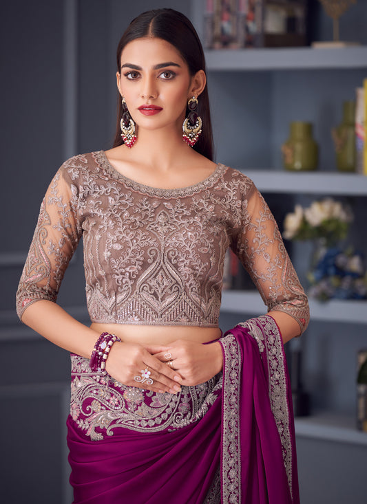 Opulent Wine Satin Silk Embroidered Designer Wedding Saree