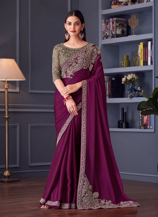 Opulent Wine Satin Silk Embroidered Designer Wedding Saree