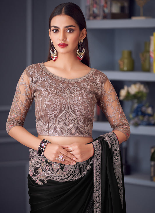 Fashionable Black Satin Silk Embroidered Designer Wedding Saree