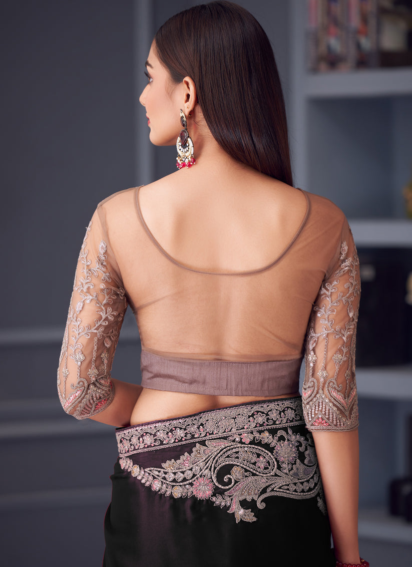 Fashionable Black Satin Silk Embroidered Designer Wedding Saree