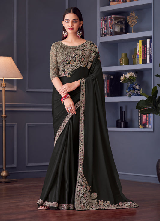 Fashionable Black Satin Silk Embroidered Designer Wedding Saree