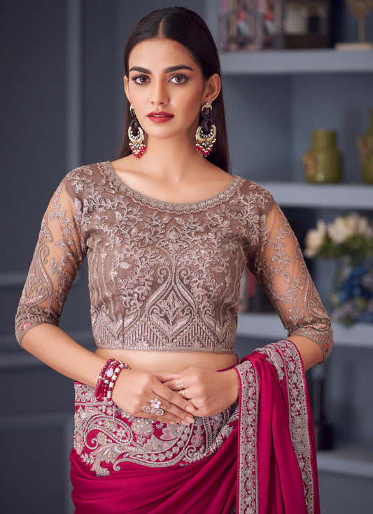 Dashing Raspberry Pink Satin Silk Embroidered Designer Wedding Saree