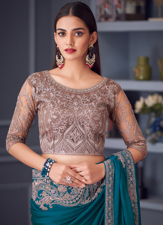 Voguish Morpich Satin Silk Embroidered Designer Wedding Saree