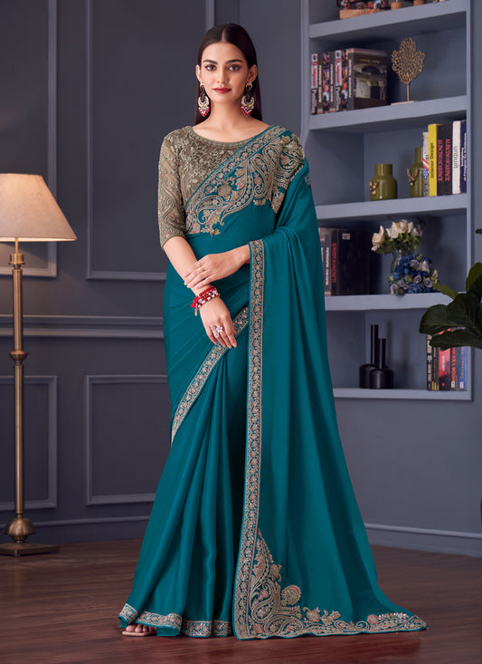 Voguish Morpich Satin Silk Embroidered Designer Wedding Saree