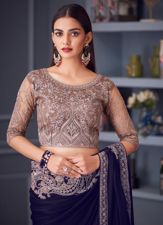 Trendsetting Eggplant Satin Silk Embroidered Designer Wedding Saree