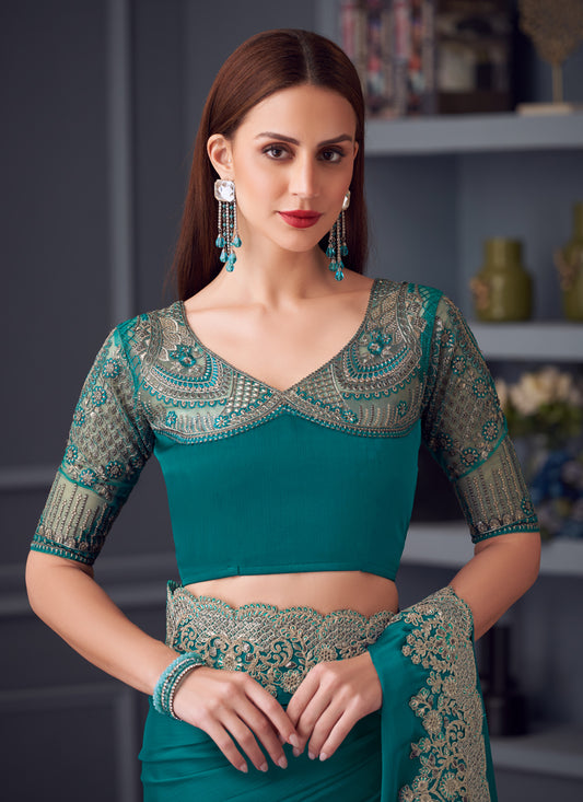 Immaculate Firozi Silk Chiffon Embroidered Designer Wedding Saree