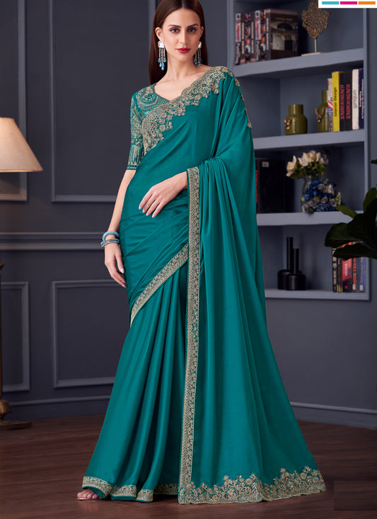 Immaculate Firozi Silk Chiffon Embroidered Designer Wedding Saree
