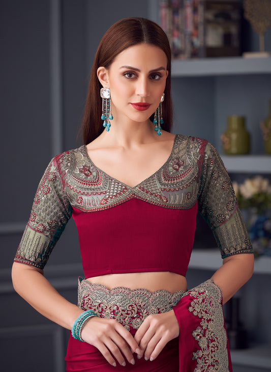 Beautiful Maroon Silk Chiffon Embroidered Designer Wedding Saree