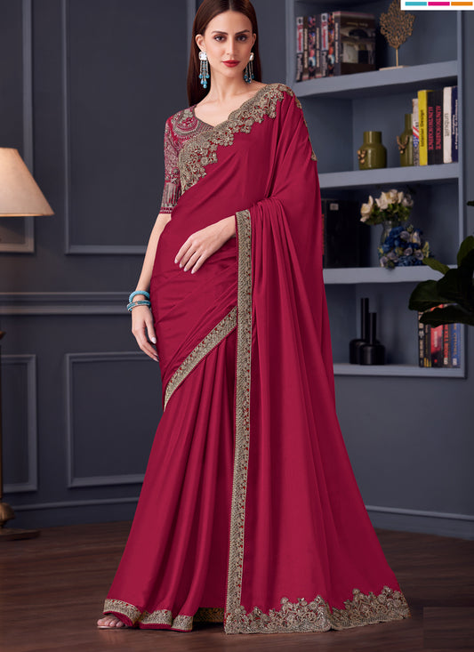 Beautiful Maroon Silk Chiffon Embroidered Designer Wedding Saree