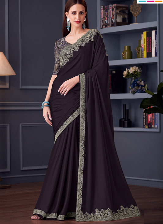 Charming Burgundy Silk Chiffon Embroidered Designer Wedding Saree