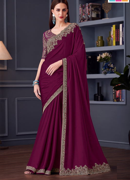 Attractive Wine Silk Chiffon Embroidered Designer Wedding Saree