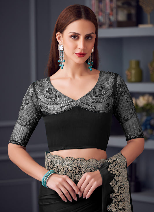 Stylish Black Silk Chiffon Embroidered Designer Wedding Saree