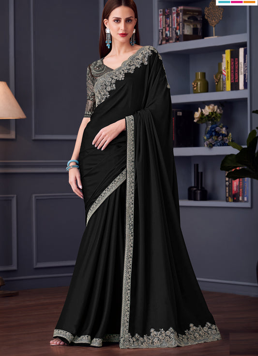 Stylish Black Silk Chiffon Embroidered Designer Wedding Saree