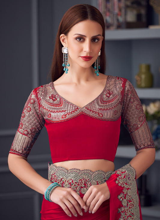 Amazing Cherry Red Silk Chiffon Embroidered Designer Wedding Saree