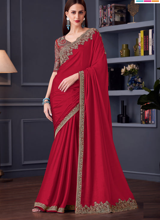 Amazing Cherry Red Silk Chiffon Embroidered Designer Wedding Saree