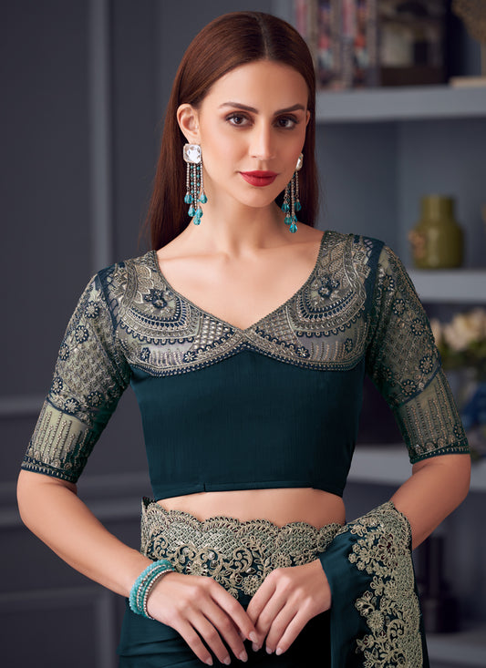 Delicate Peacock Blue Silk Chiffon Embroidered Designer Wedding Saree