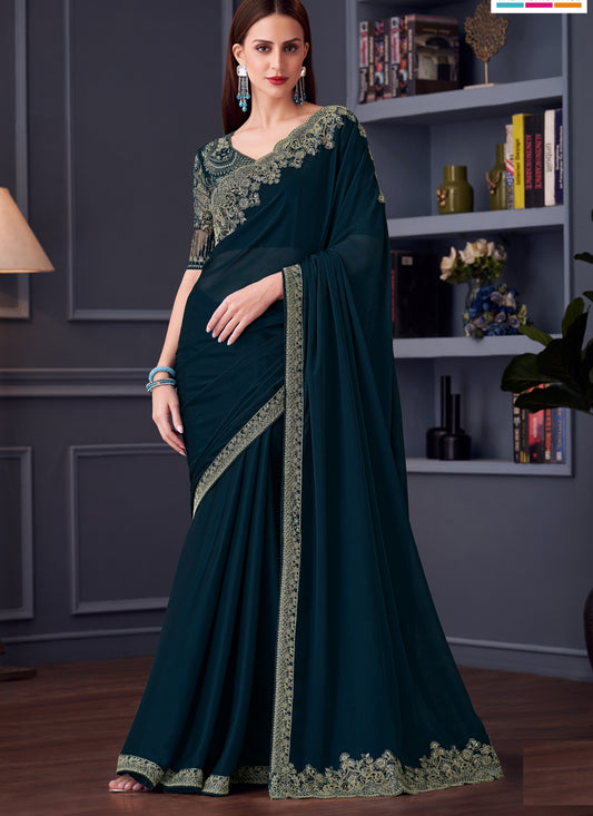 Delicate Peacock Blue Silk Chiffon Embroidered Designer Wedding Saree
