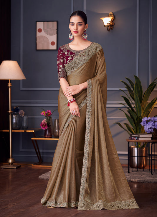 Sweet Snuff Brown Double Tone Silk Embroidered Wedding Saree