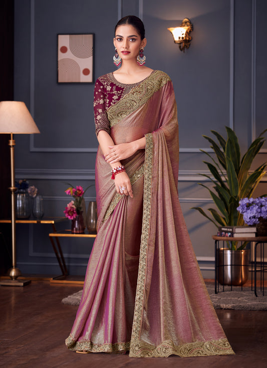 Alluring Old Rose Double Tone Silk Embroidered Wedding Saree