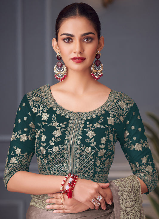 Captivating Dusty Grey Double Tone Silk Embroidered Wedding Saree