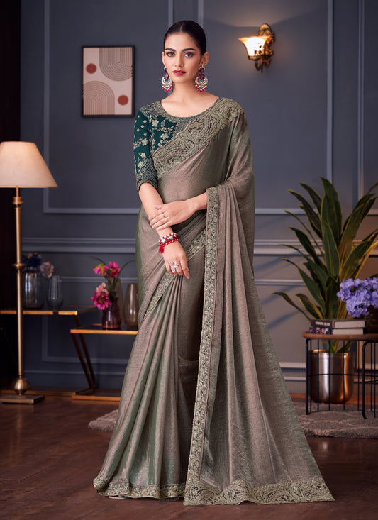 Captivating Dusty Grey Double Tone Silk Embroidered Wedding Saree