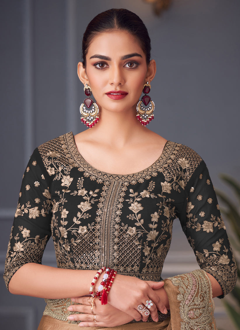 Mesmerizing Taupe Double Tone Silk Embroidered Wedding Saree