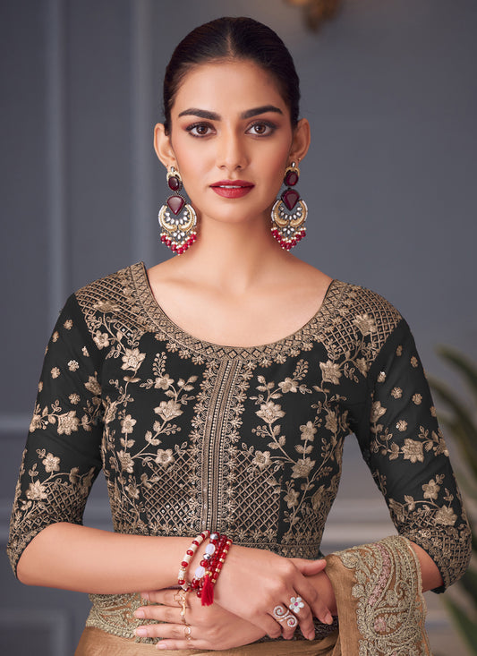 Mesmerizing Taupe Double Tone Silk Embroidered Wedding Saree